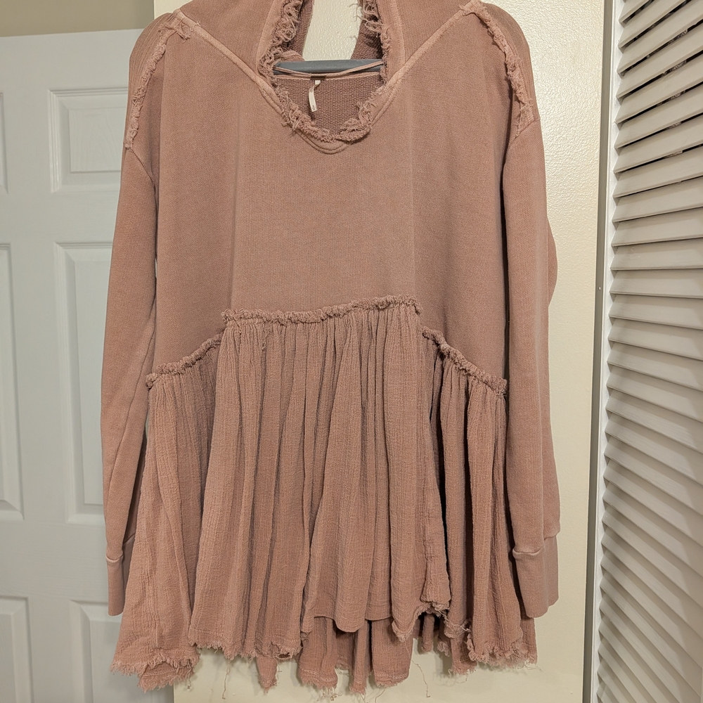 Free People Pink Frayed Hem Hoodie